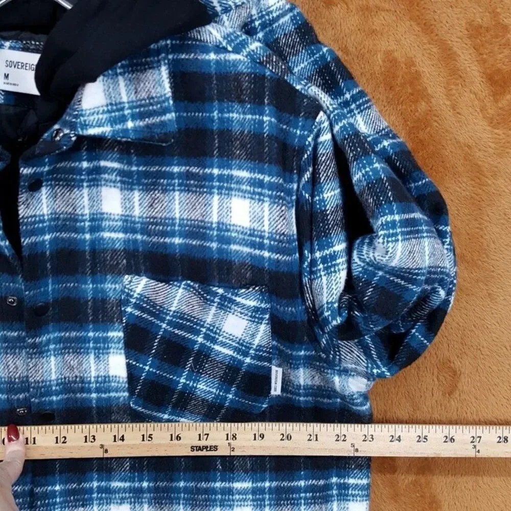 SOVEREIGN CODE Plaid Flannel Shirt Jacket Mens Medium Quilted Lining Hooded